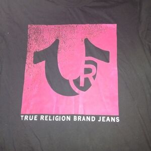 True Religion Black Tee with Pink Logo Block